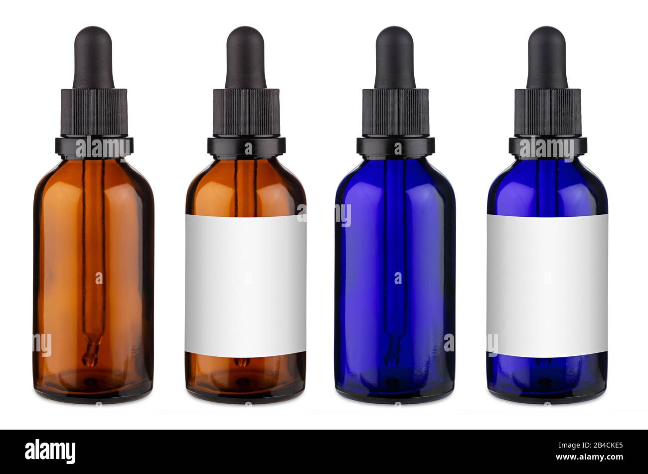 Set collection of blue and brown medicine pipette contagocce bottle with blank copyspace label design pattern without isolated on white background Foto Stock