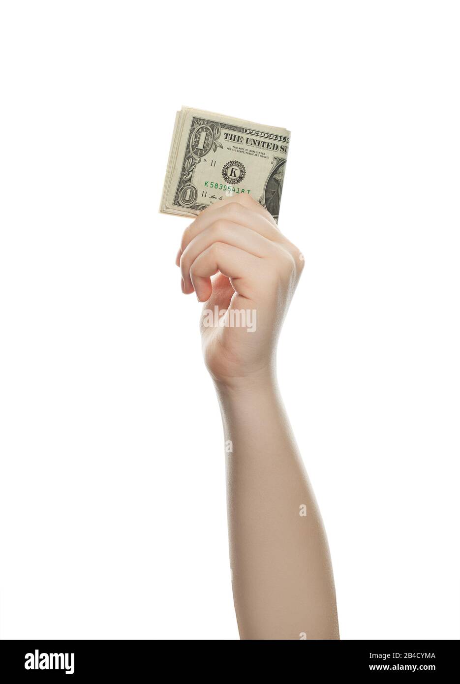 Mano con noi dollari denaro contante isolato Foto Stock