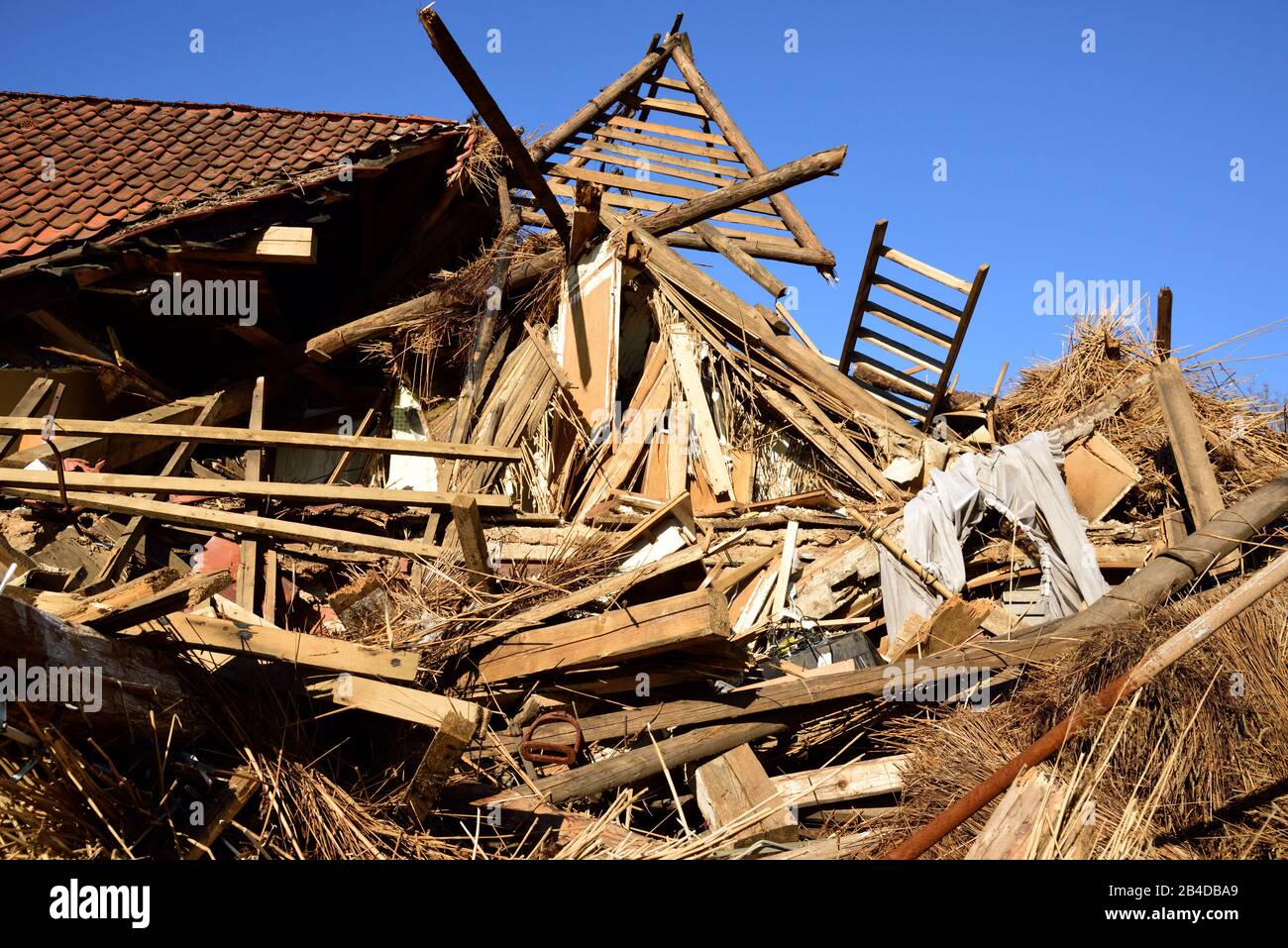 Europa, Germania, bassa Sassonia, Stade, Amburgo, la regione metropolitana, la rovina del fuoco, tetto di paglia, tetto crollato Foto Stock