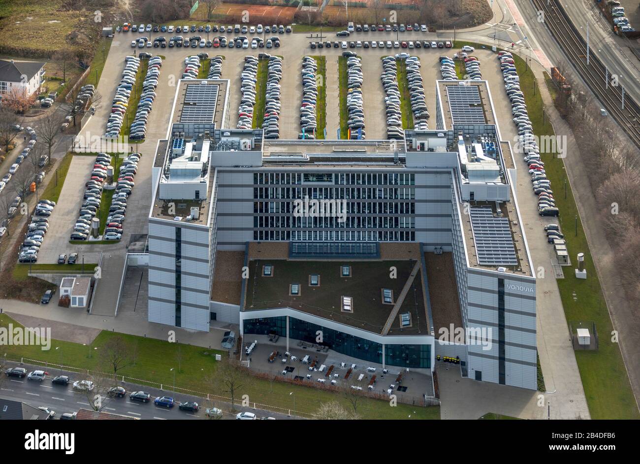 Veduta aerea, nuova costruzione Vonovia sede centrale, Universitätsstraße, Wiemelshausen, Bochum, Renania Settentrionale-Vestfalia, Germania Foto Stock