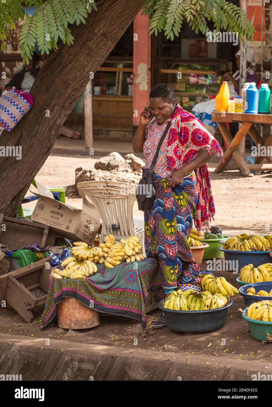 Tanzania, Tanzania settentrionale al termine della stagione delle piogge nel mese di maggio, Serengeti National Park, Ngorongoro Crater, Tarangire, Arusha e Lago Manyara, Masai donna che vende banane sulla strada Foto Stock