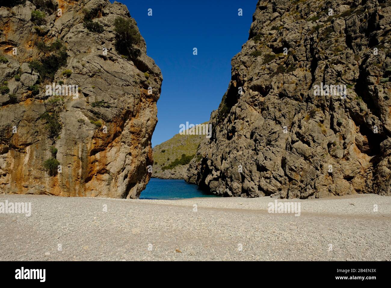 Il canyon Torrent de Pareis a Sa Calobra nella Serra de Tramuntana, Maiorca, Isole Baleari, Spagna Foto Stock