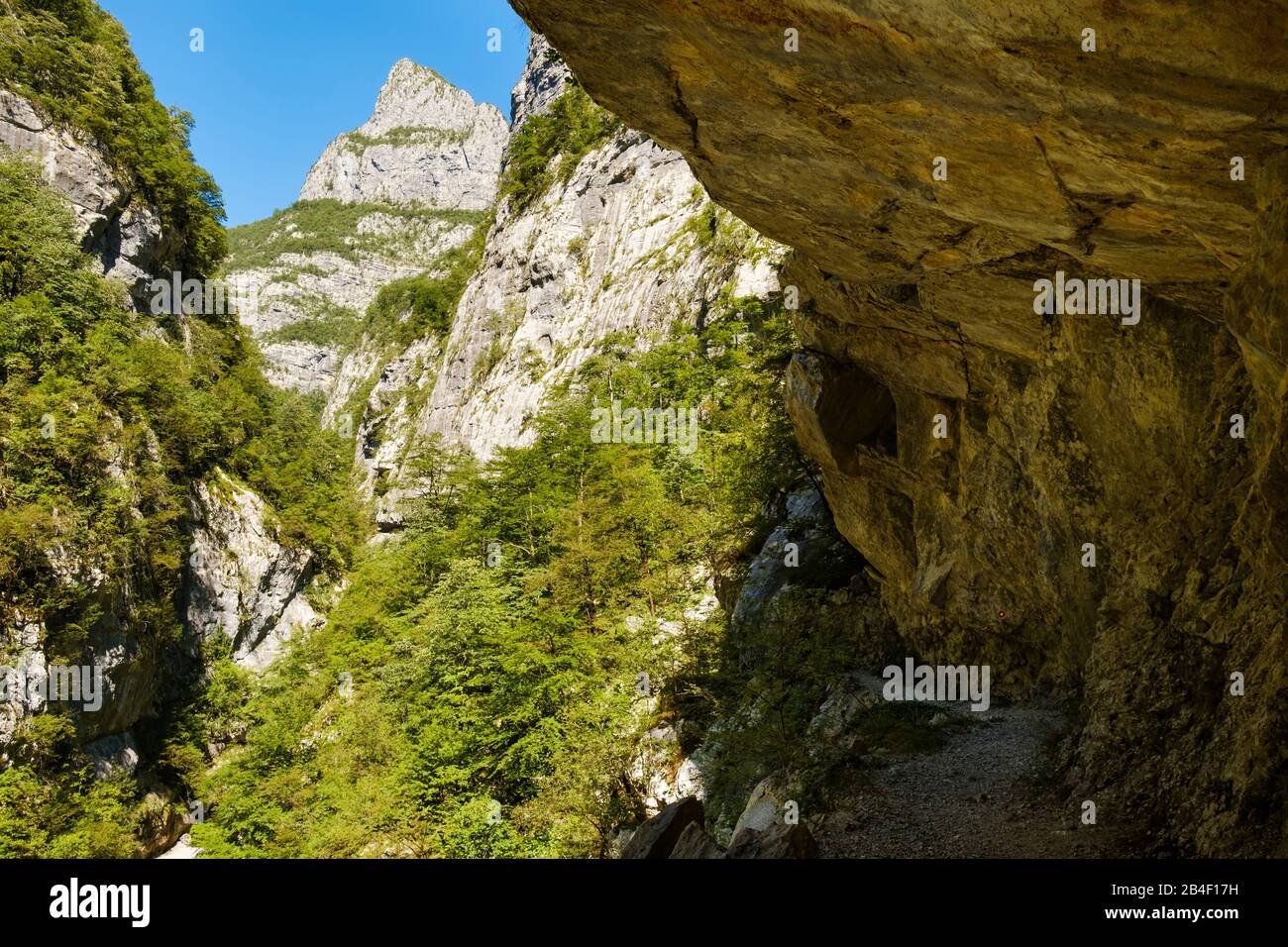 Sentiero sotto roccia, Canyon Mrtvica, a Kolasin, Montenegro Foto Stock