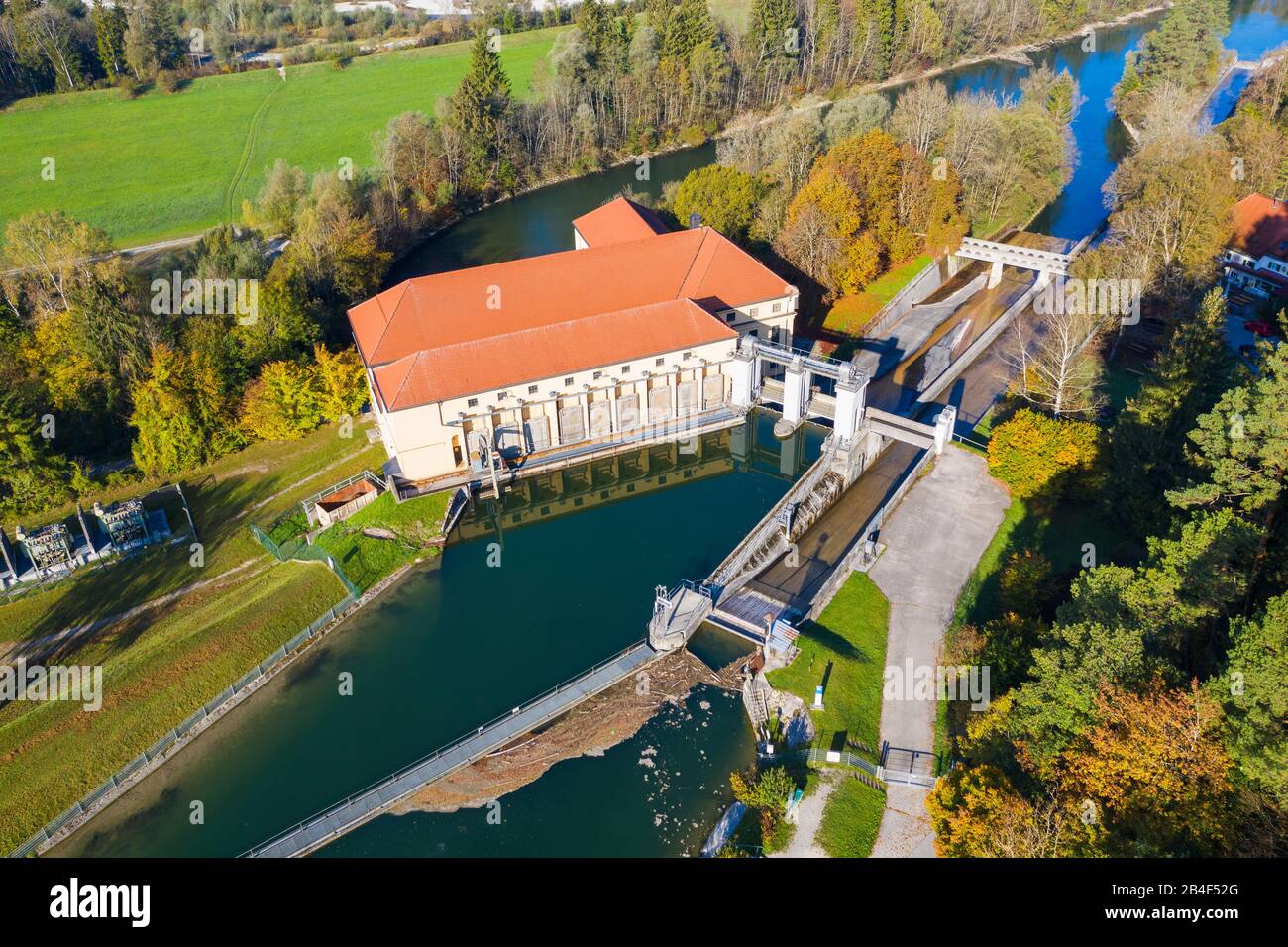 Mühltal centrale idroelettrica, Mühltalkanal an der Isar, Isartal, vista aerea, vicino a Straßlach-Dingharting, alta Baviera, Baviera, Germania Foto Stock