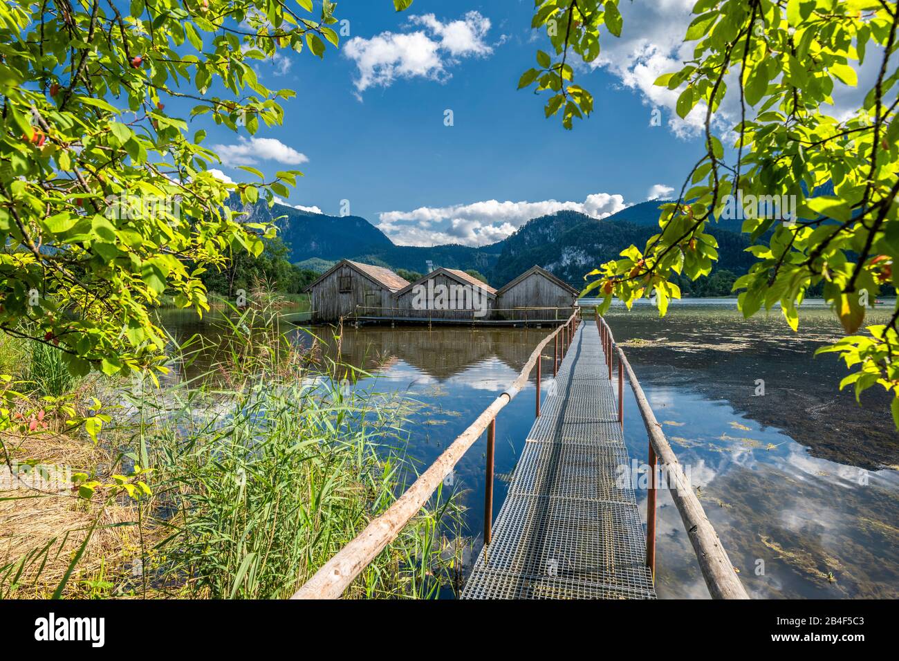 Schlehdorf, Kohelsee, Bad Tölz-Wolfratshausen, Alta Baviera, Germania, Europa. Tre boathouses nel Kochelsee Foto Stock