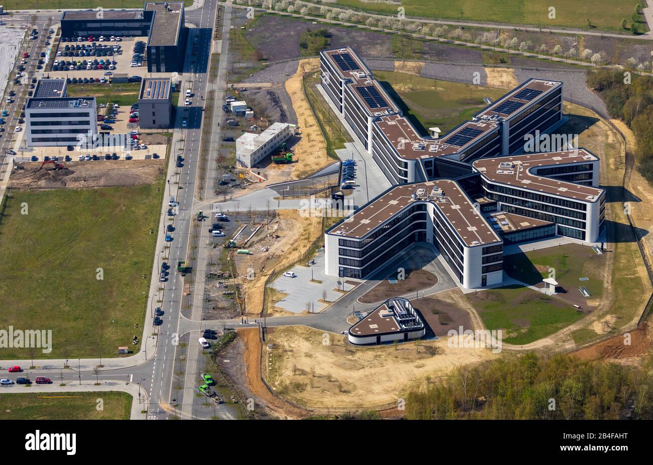 Veduta aerea della nuova sede AMPRION nella zona industriale, il parco industriale PHOENIX-West a Dortmund nella zona della Ruhr nello stato federale Nord Reno-Westfalia, Germania. Foto Stock