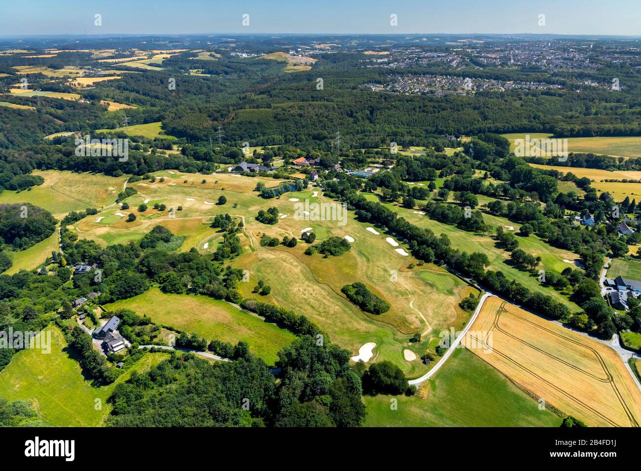 Veduta aerea del Golfclub Essen-Heidhausen e. V. ad Essen-Heidhausen ad Essen, zona della Ruhr, Renania Settentrionale-Vestfalia, Germania, campo da golf, bunker, tee, clubhouse Foto Stock