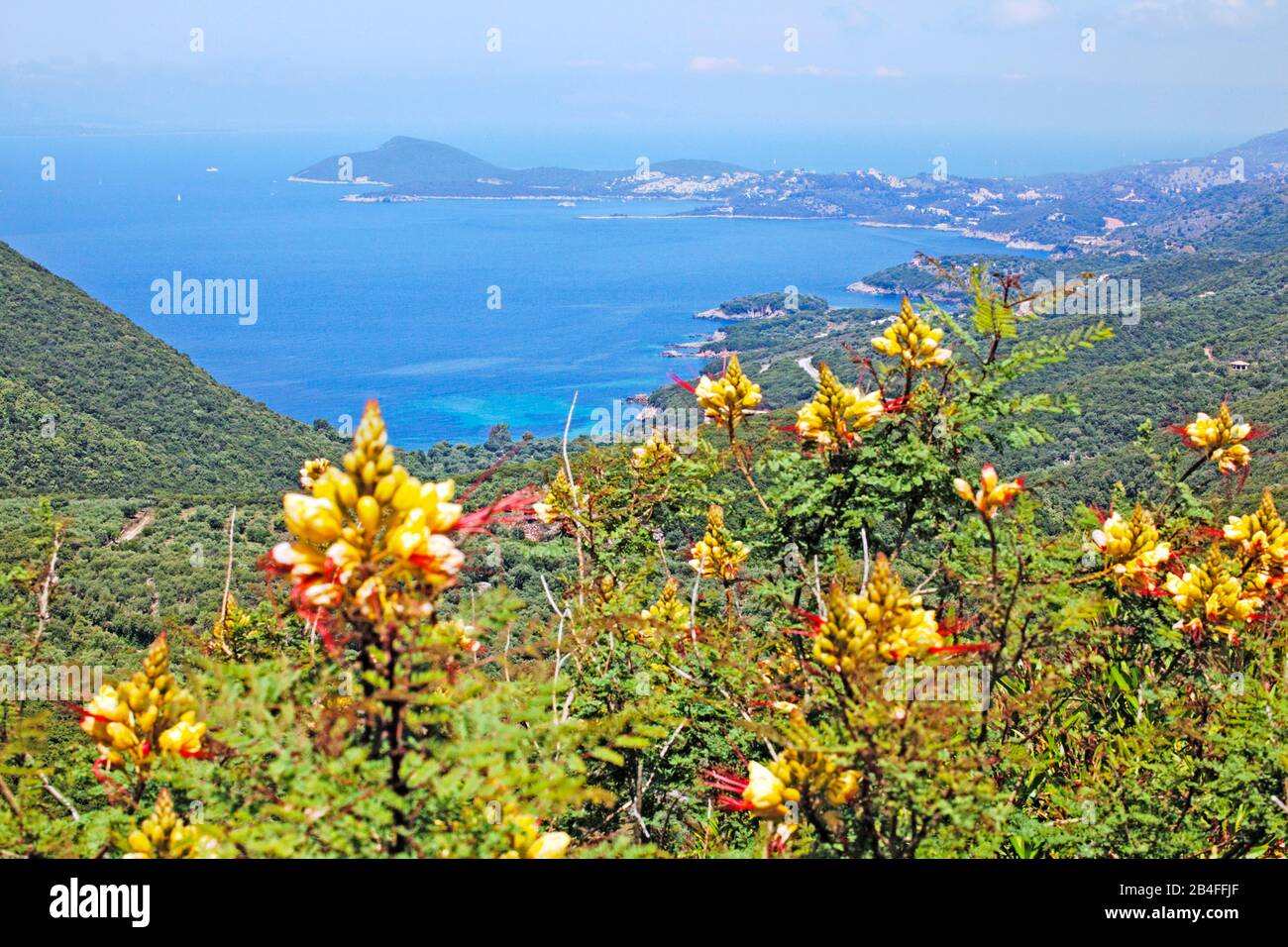 Il paesaggio e la costa a sud di Sivota nel nord della Grecia, Griechenland Foto Stock