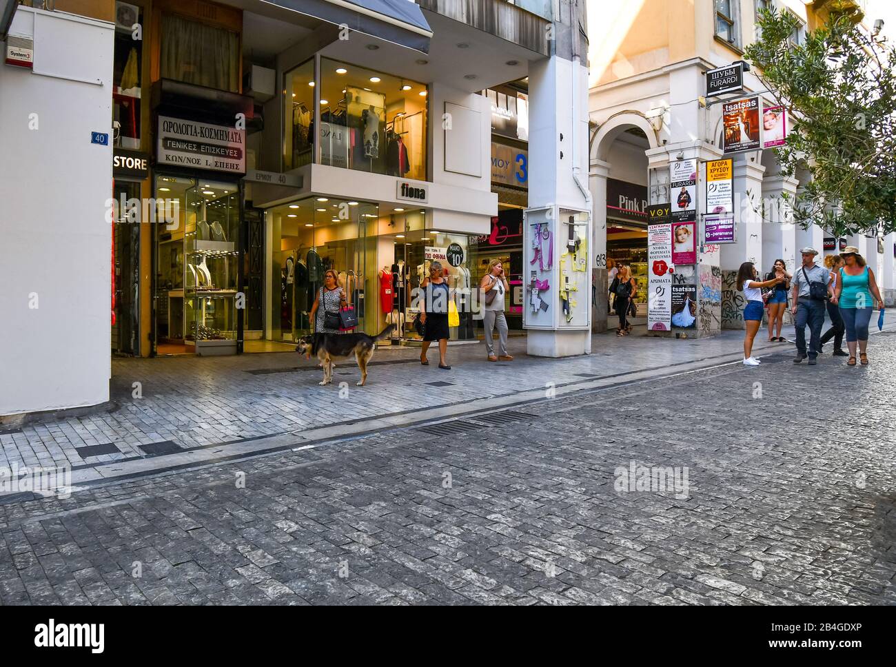 Un cane randagio si trova su un marciapiede su Ermou Street, un trafficato centro commerciale di Atene Grecia, come i turisti e la gente del posto negozi e visite turistiche. Foto Stock