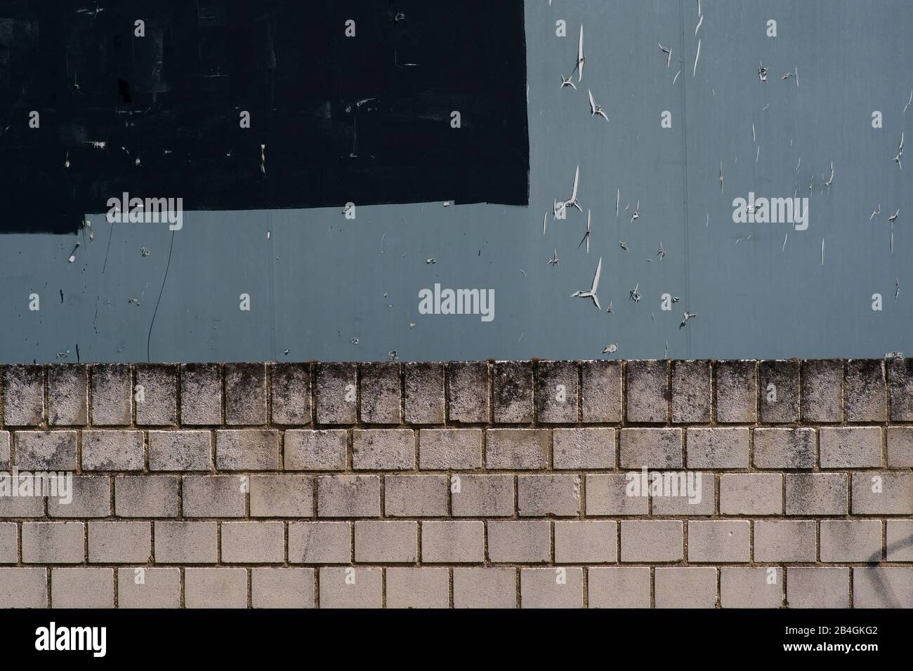 Il primo piano di un cartellone grigio con carta strappata si infranaglia su un bordo della parete chiaro. , , Foto Stock