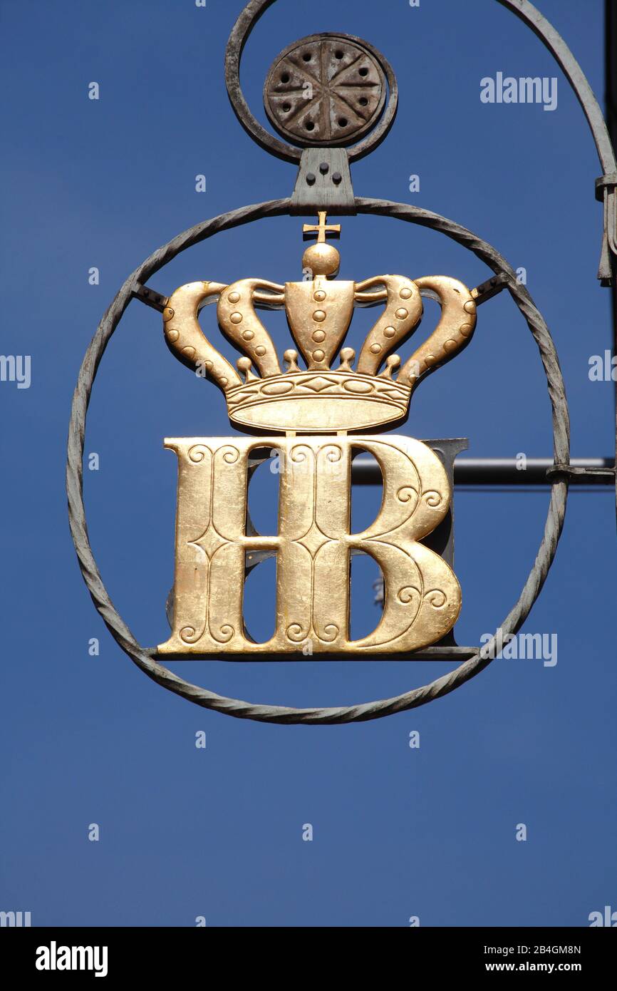 Cartello appendiabiti con logo Hofbräuhaus, Am Platzl, Monaco, alta Baviera, Baviera, Germania, Europa Foto Stock