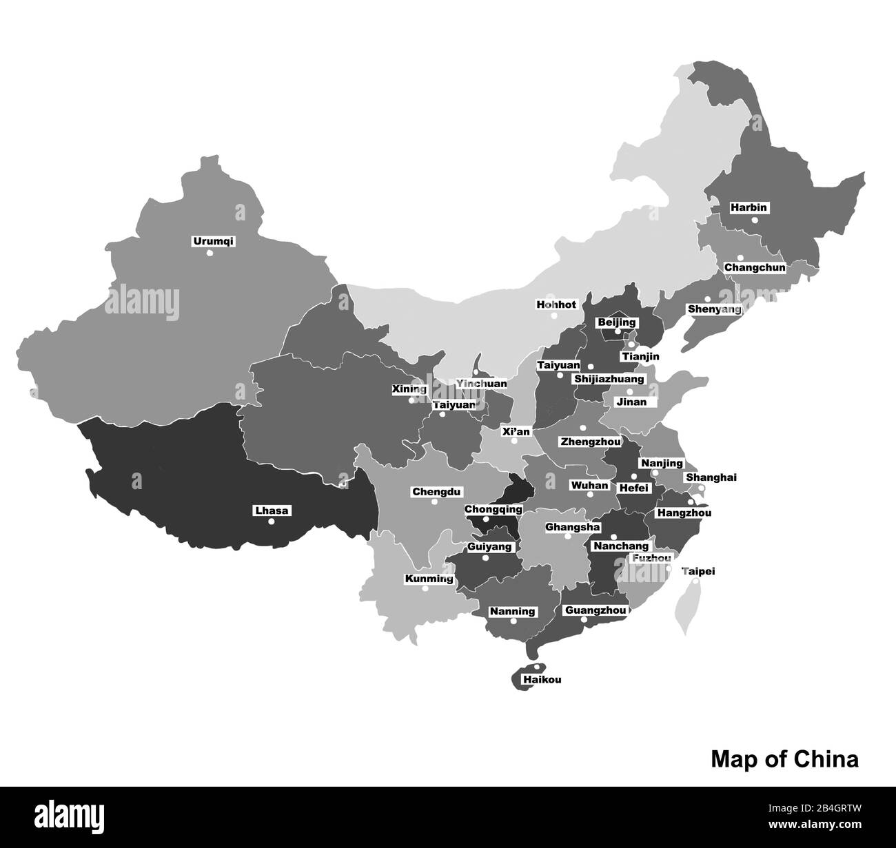 Mappa della Cina con regioni e città. Illustrazione grafica bianca e nera  con mappa della Cina. Mappa cinese con regioni. Mappa con colori grigi  astratti Foto stock - Alamy