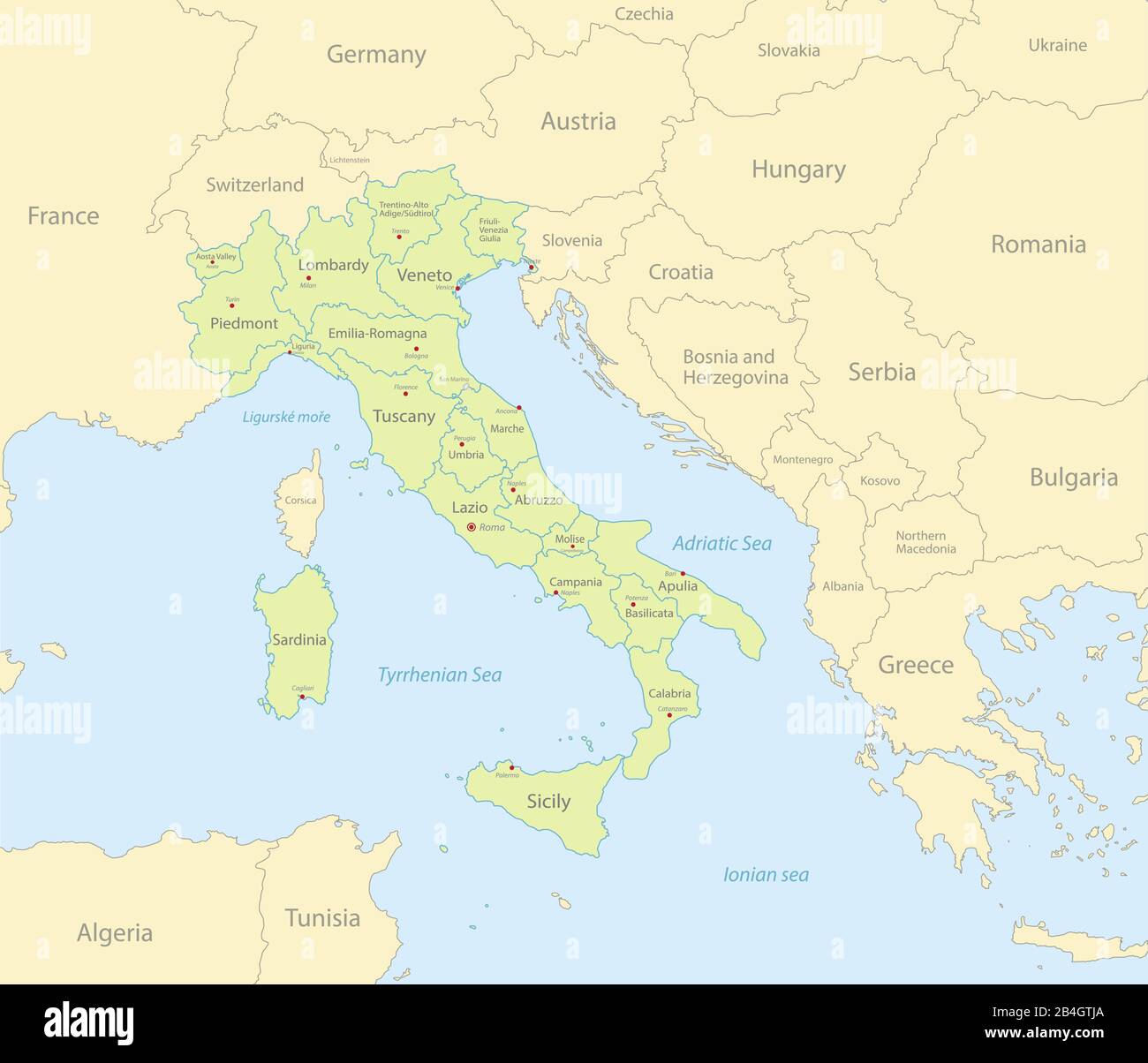 Mappa Italia con stati vicini, divisione amministrativa e nomi con città, mappe classiche vettore di progettazione Illustrazione Vettoriale