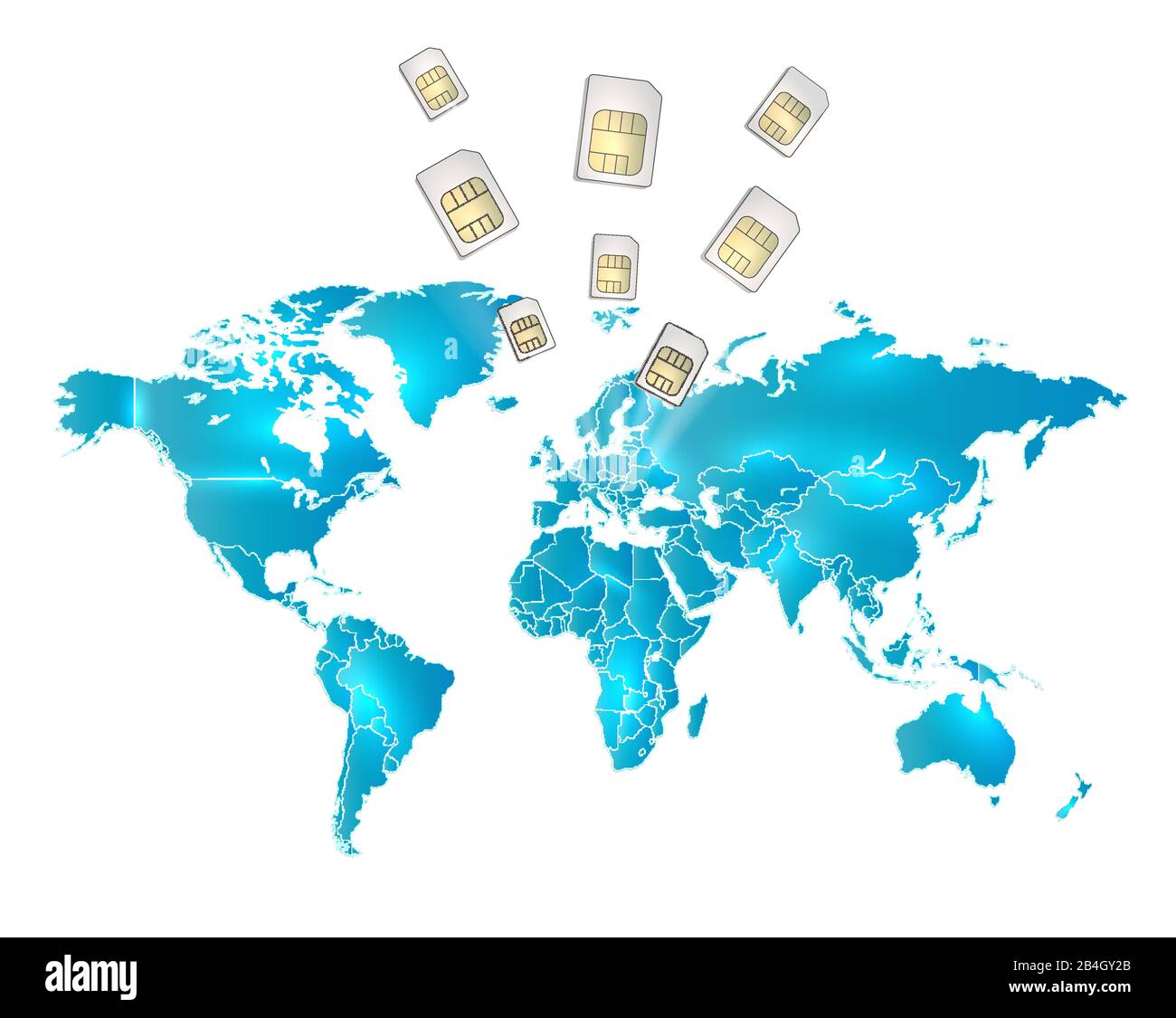 Mappa mondiale di blu con stati separati e carte sim in luce incandescente su sfondo bianco vettore Illustrazione Vettoriale