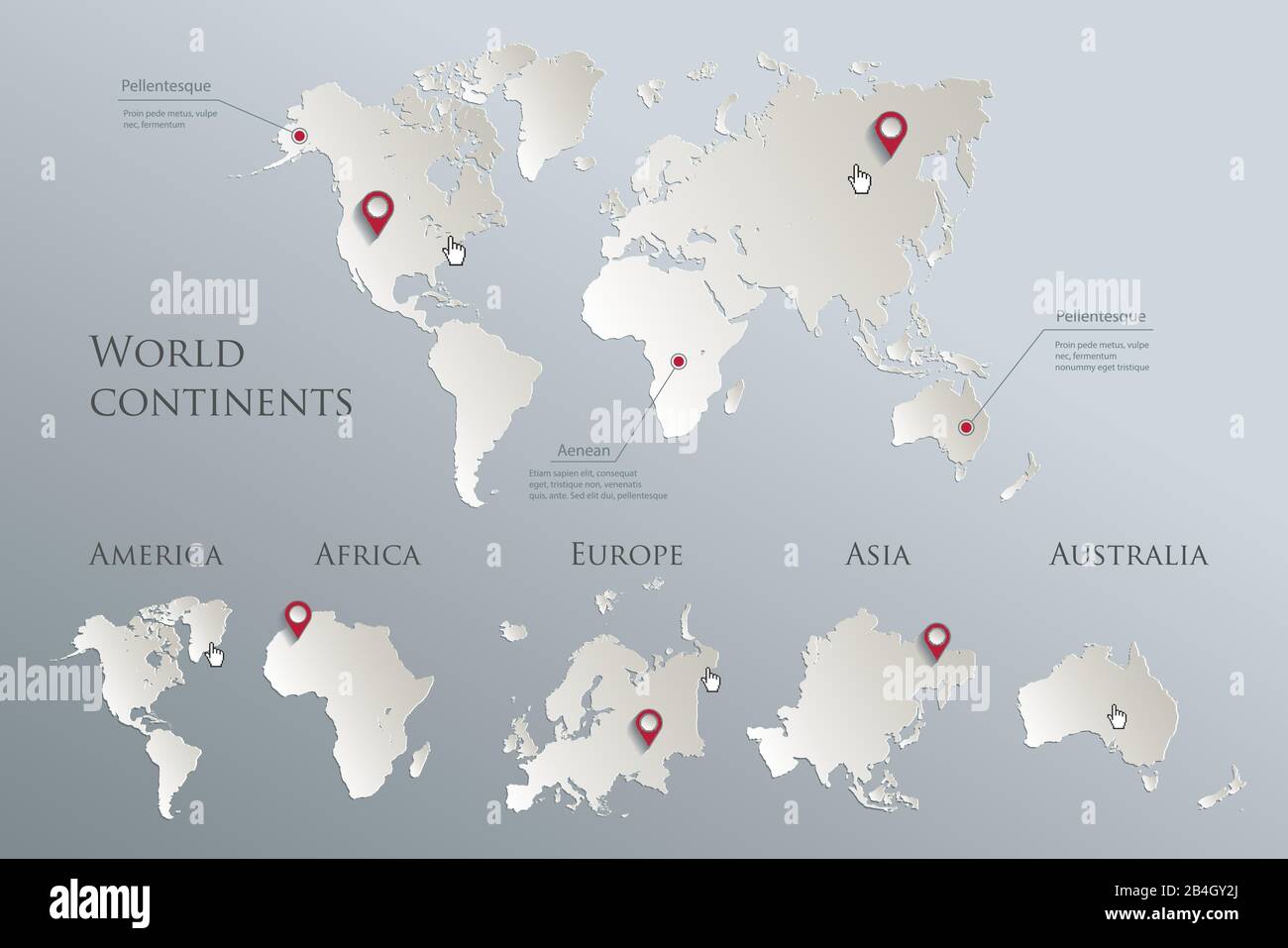 Mappa dei continenti del mondo, America, Europa, Africa, Asia, Australia, carta bianca blu 3D vettore Illustrazione Vettoriale