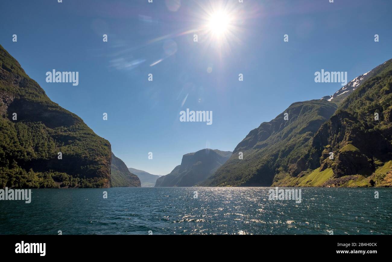 Fjord, Nærøyfjorden, Flåm, Gudvangen, montagne, alberi, cielo blu, sole, Undredal, Sogn og Fjordane, Norvegia, Scandinavia, Europa Foto Stock