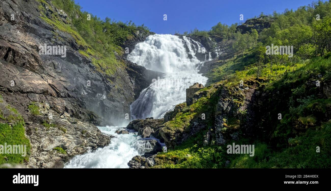 Cascata di Kjosfossen, cascata vicino a Fureberget, pareti rocciose, alberi, cielo, Flåm, Sogn og Fjordane, Norvegia, Scandinavia, Europa Foto Stock