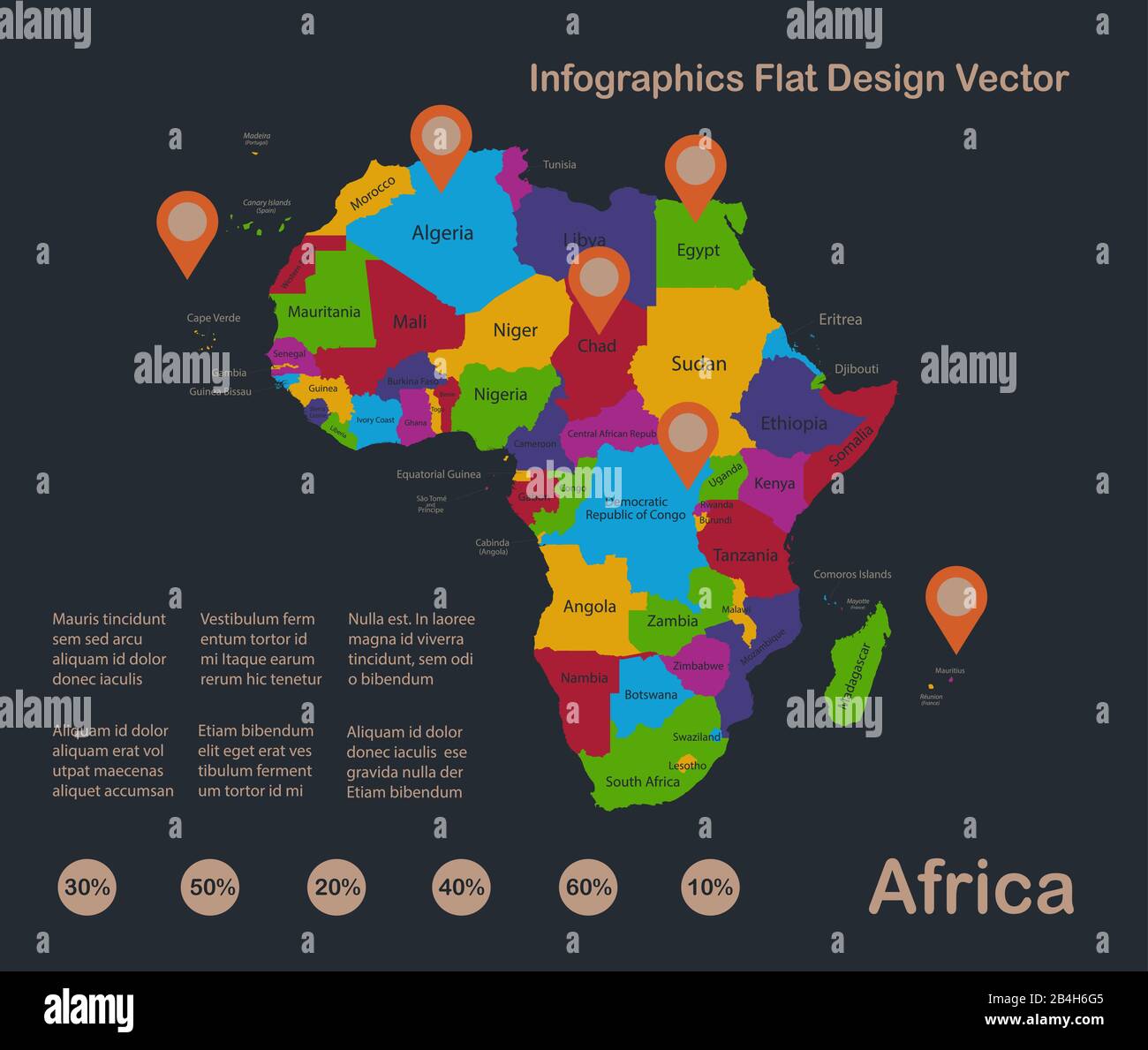 Infografica Africa map, flat design colors, con nomi di singoli stati e isole, sfondo blu con vettore arancione punti Illustrazione Vettoriale