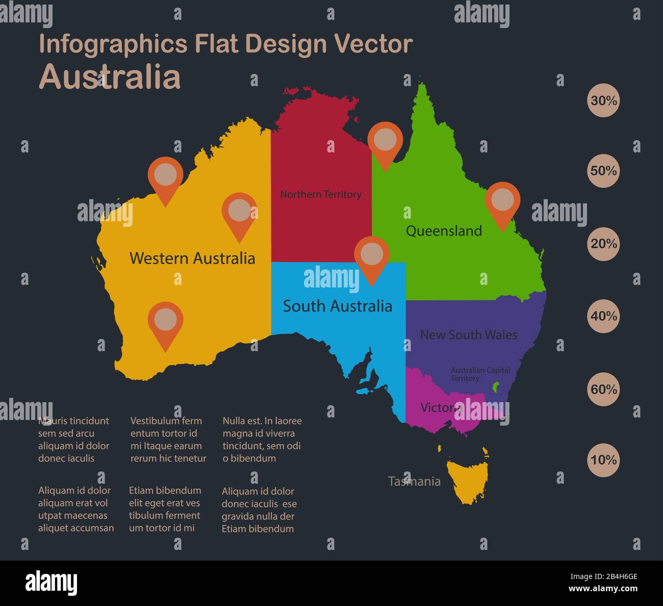 Infografica mappa Australia, colori piatti, con nomi di singoli stati, sfondo blu con vettore punti arancio Illustrazione Vettoriale