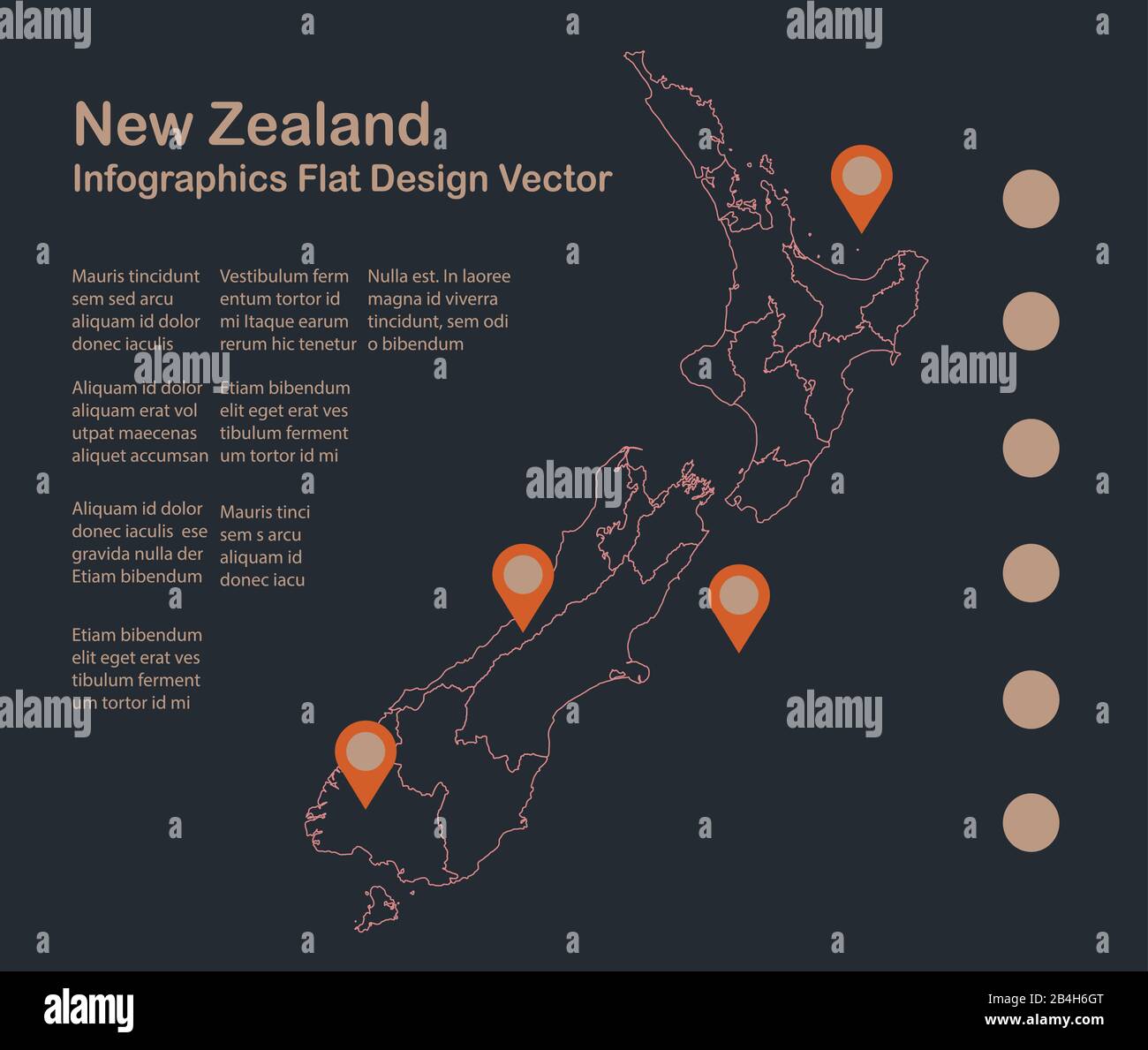 Infografica Nuova Zelanda disegno della mappa, disegno piatto, colore blu arancione vettore Illustrazione Vettoriale