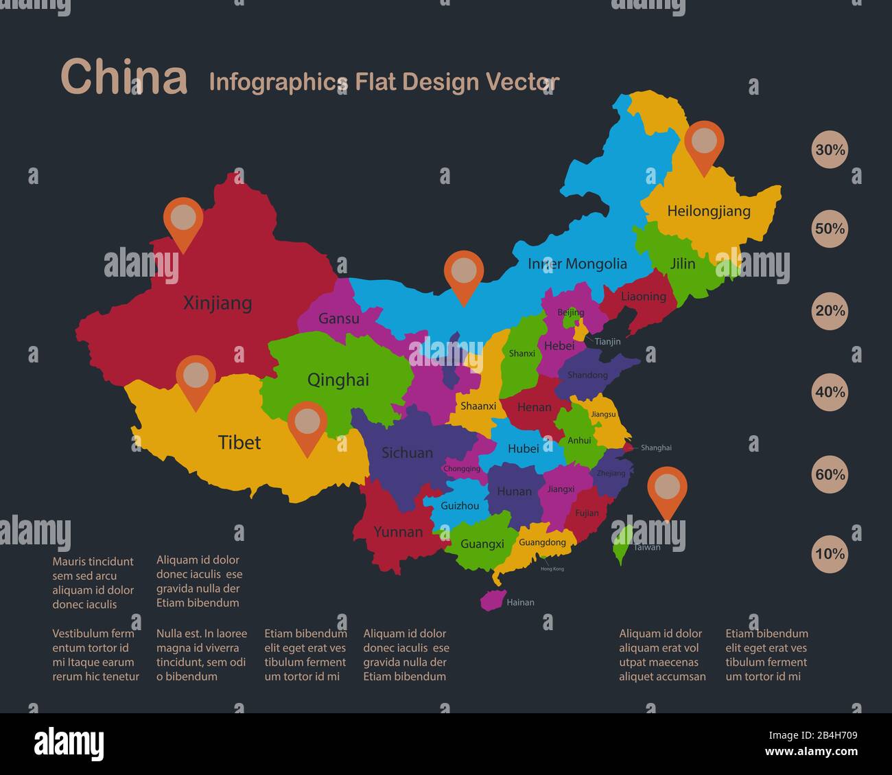 Infografica mappa Cina, colori piatti, con nomi di singole regioni, sfondo blu con vettore punti arancio Illustrazione Vettoriale