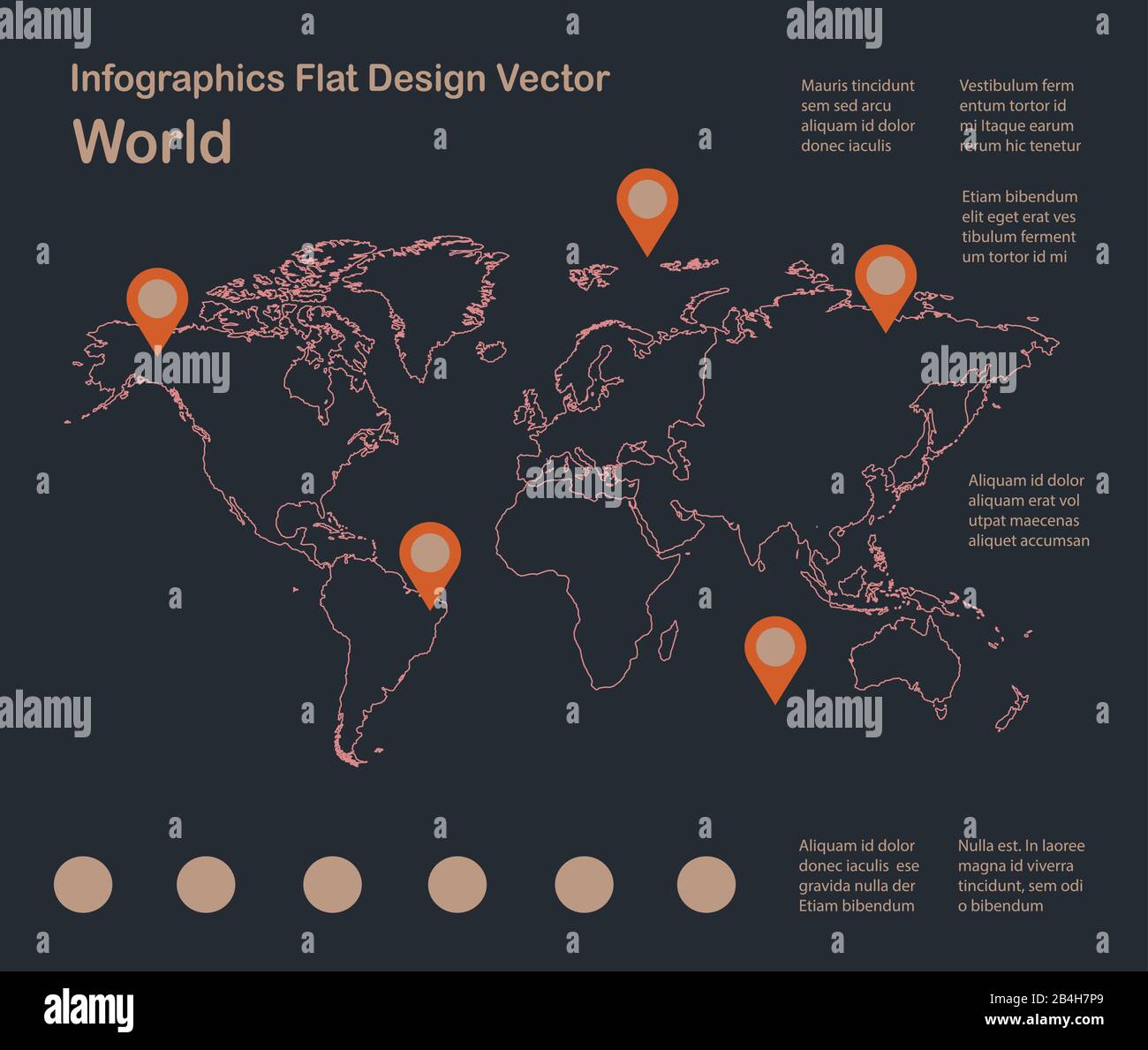 Infografiche World map outline, flat design, colore blu arancione vettore Illustrazione Vettoriale