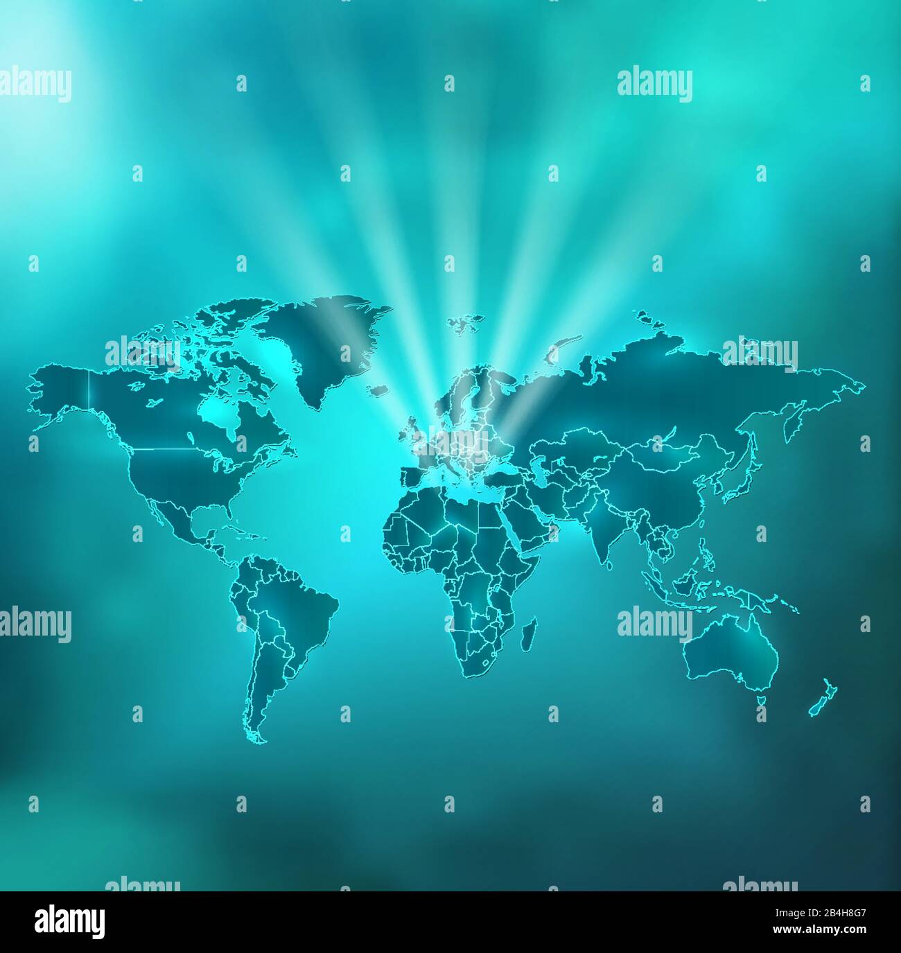 Mappa del mondo con stati separati in luce magica incandescente su vettore di sfondo celeste Illustrazione Vettoriale