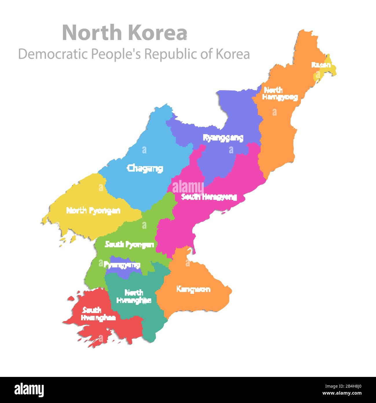 Mappa della Corea del Nord, Repubblica popolare Democratica di Corea, divisione amministrativa, mappa dei colori isolata su sfondo bianco vettore vuoto Illustrazione Vettoriale