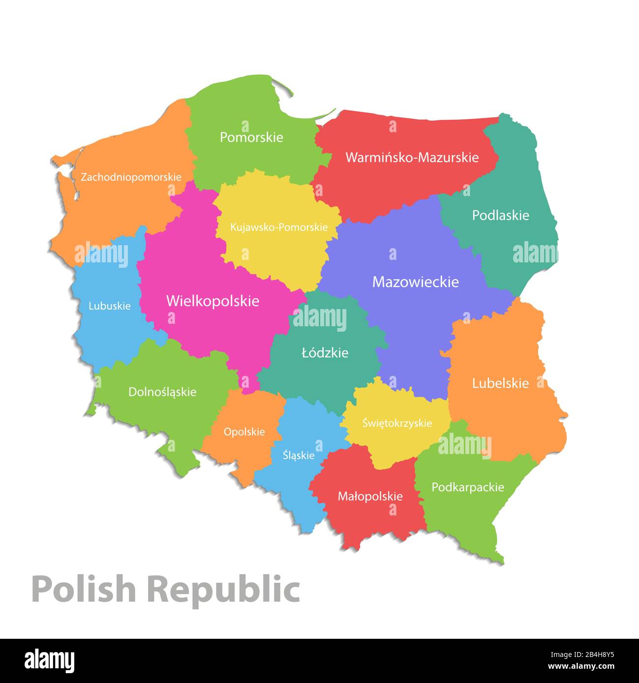 Polonia mappa, divisione amministrativa Repubblica di Polonia, Stati individuali separati con nomi di stato, mappa dei colori isolata su sfondo bianco vettore Illustrazione Vettoriale