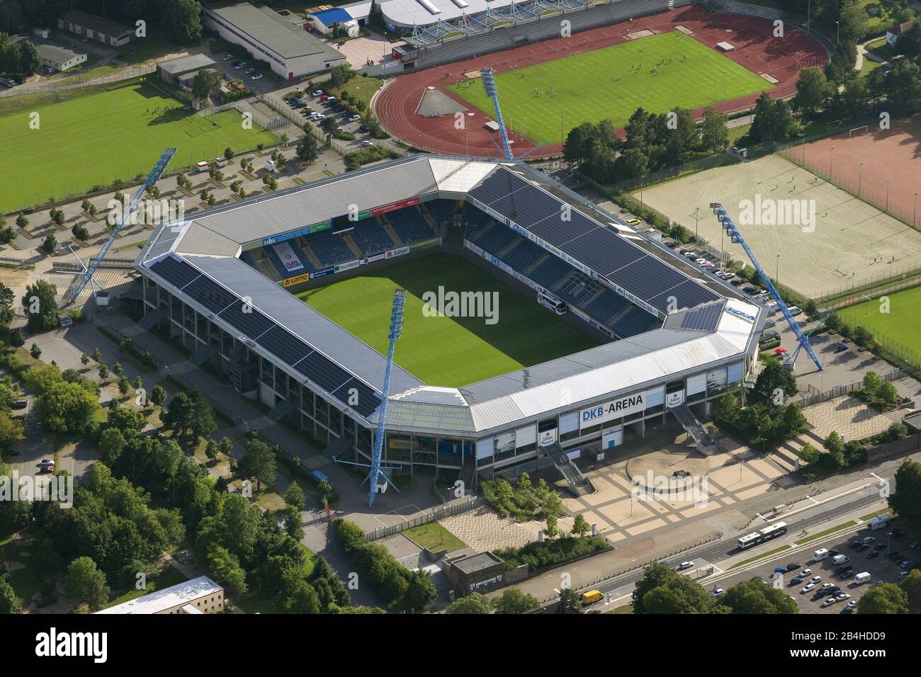 , DKB Arena, stadio di calcio della F.C. Hansa Rostock, Veduta Aerea, 09.08.2012, Germania, Meclemburgo-Pomerania Occidentale, Rostock Foto Stock