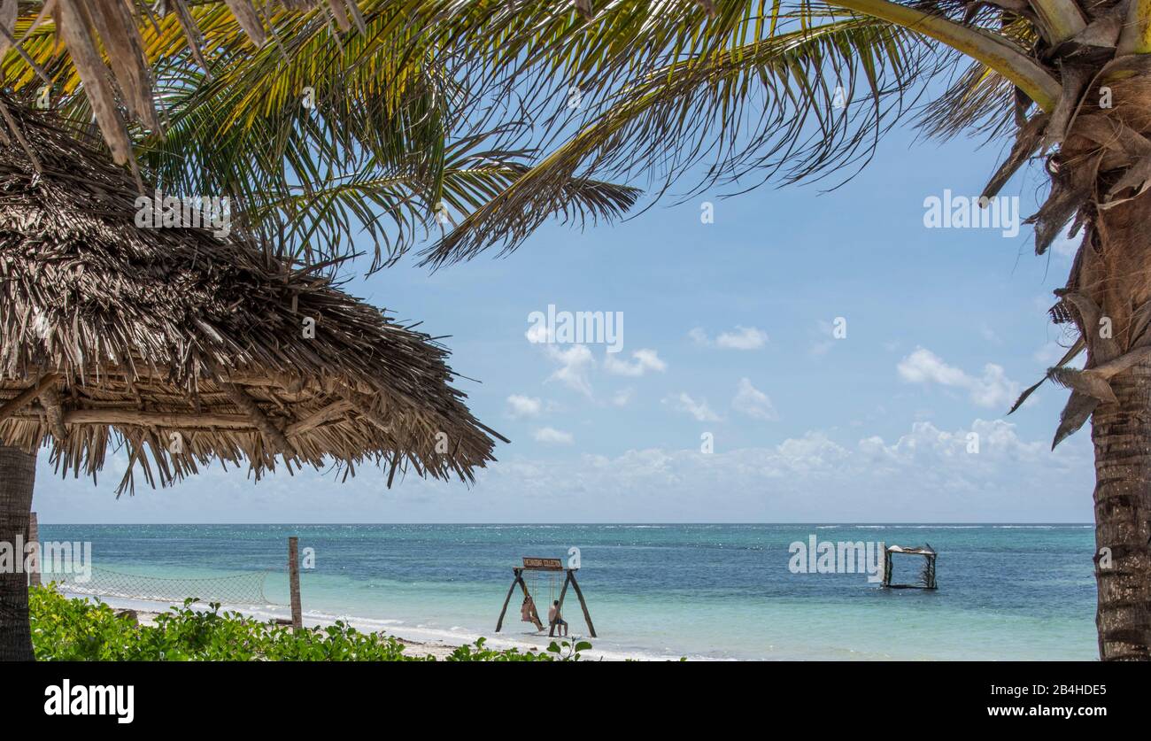 Zanzibar, Tanzania: Spiaggia da sogno sulla costa orientale di questa isola africana nell'Oceano Indiano. Altalena sulla spiaggia di palme e zattera in mare. Foto Stock