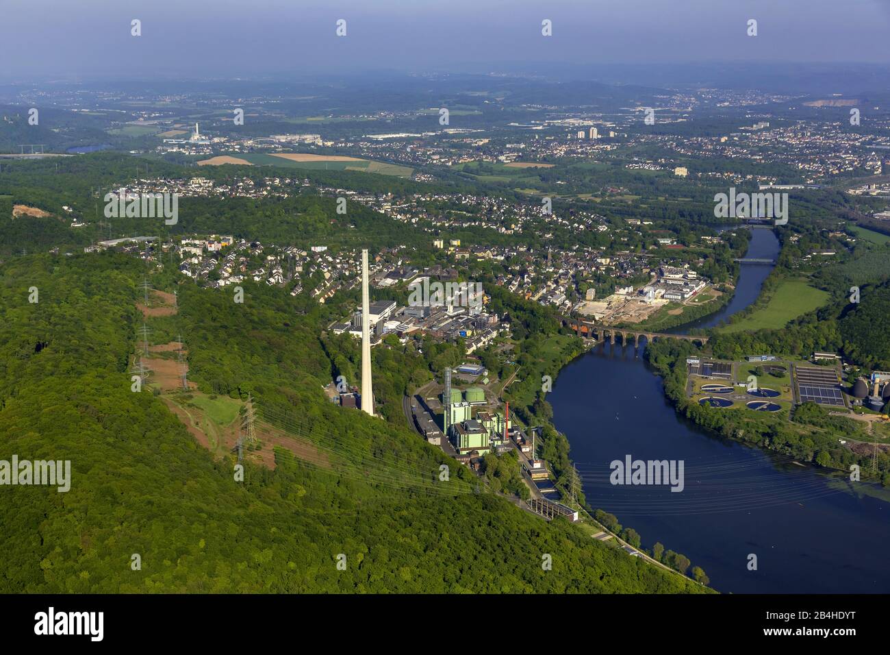 Centrale elettrica Cuno del lago di Harkort e città di Herdecke AG, 05.05.2014, vista aerea, Germania, Renania settentrionale-Vestfalia, zona della Ruhr, Herdecke Foto Stock