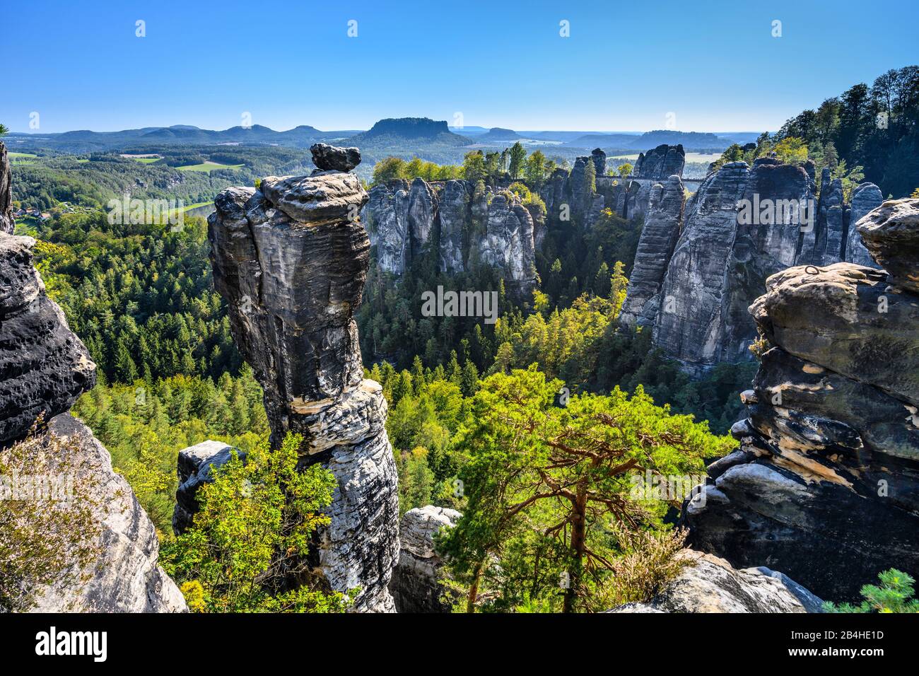 Deutschland, Sachsen, Sächsische Schweiz, Lohmen, Bastei, Blick über Wehlgrund zur Bastei mit Wehlnadel, Felsenburg Neurathen und Basteibrücke, im Hin Foto Stock