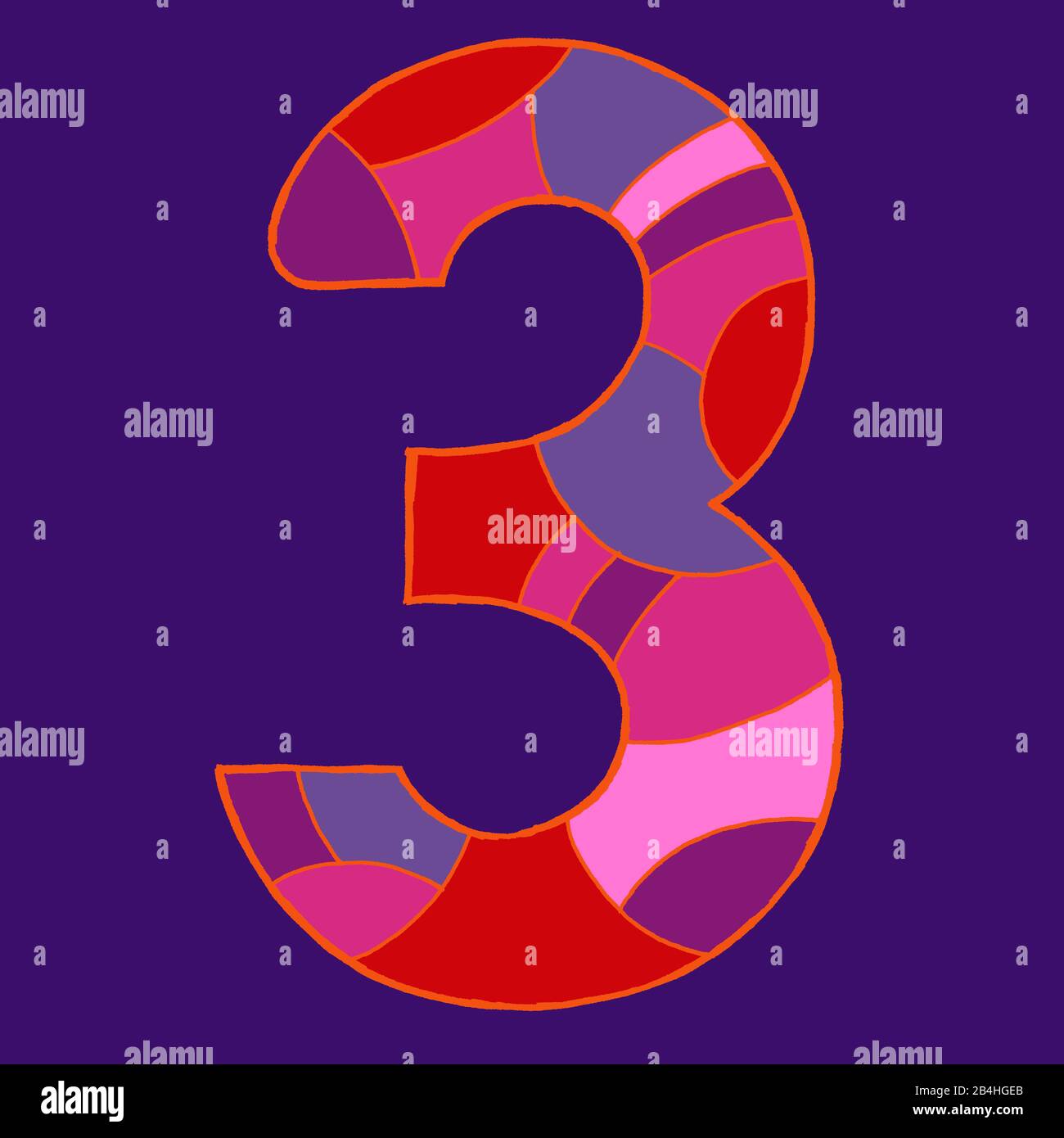 Numero tre, disegnato come illustrazione vettoriale, in tonalità viola-rosse su sfondo viola scuro in stile pop art Foto Stock