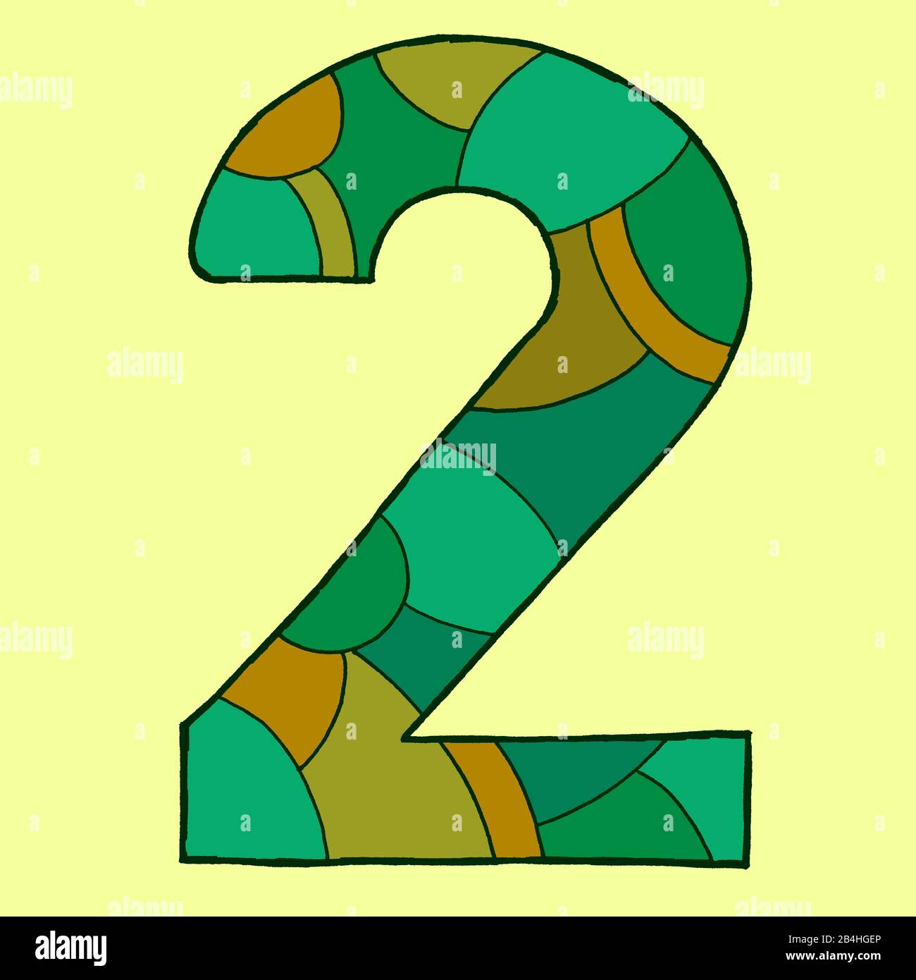 Numero due, disegnato come un'illustrazione vettoriale, in sfumature verde-gialle su uno sfondo verde chiaro in stile pop art Foto Stock
