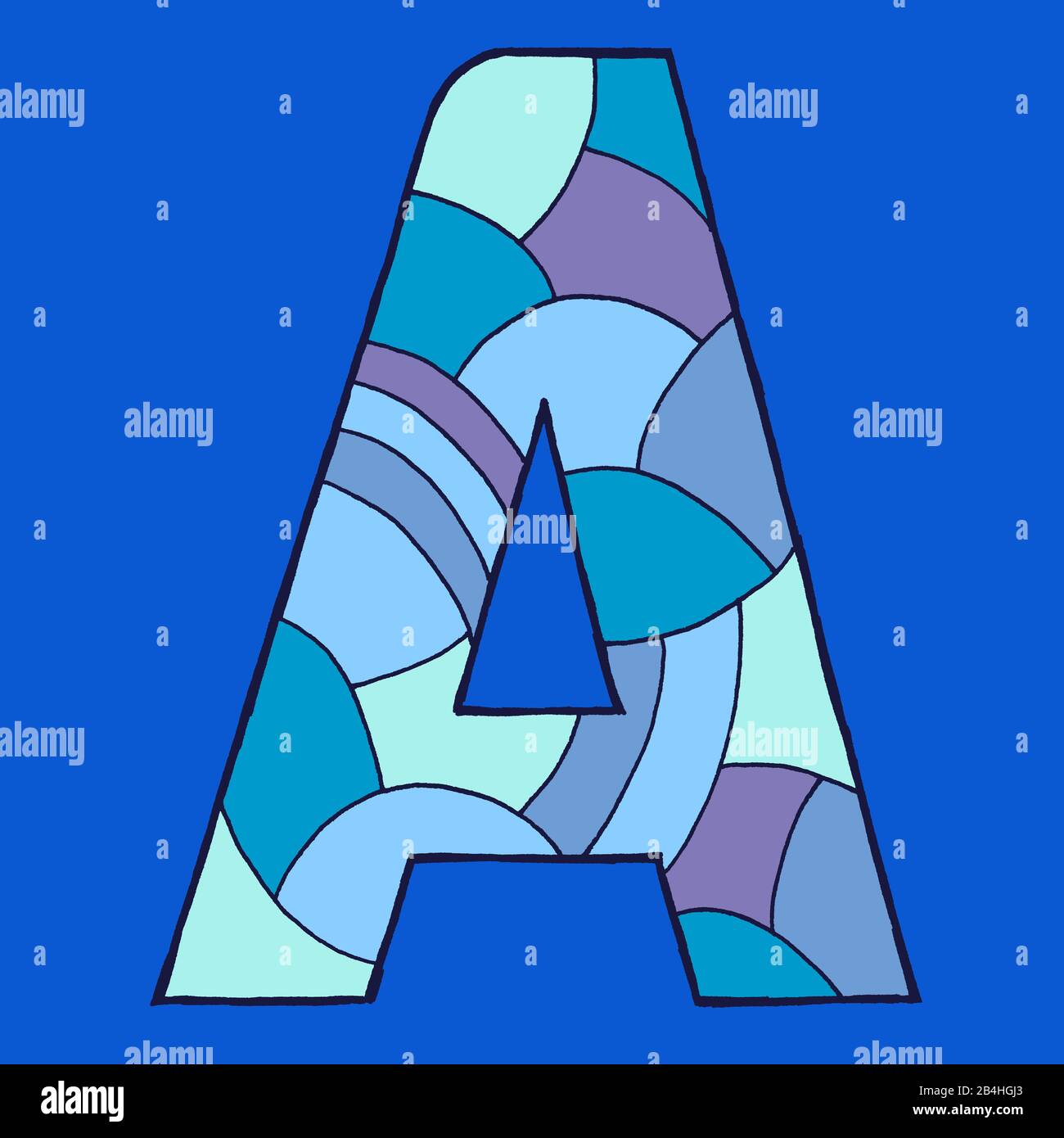 Lettera A, disegnata come illustrazione vettoriale, in sfumature blu su sfondo blu in stile pop art Foto Stock