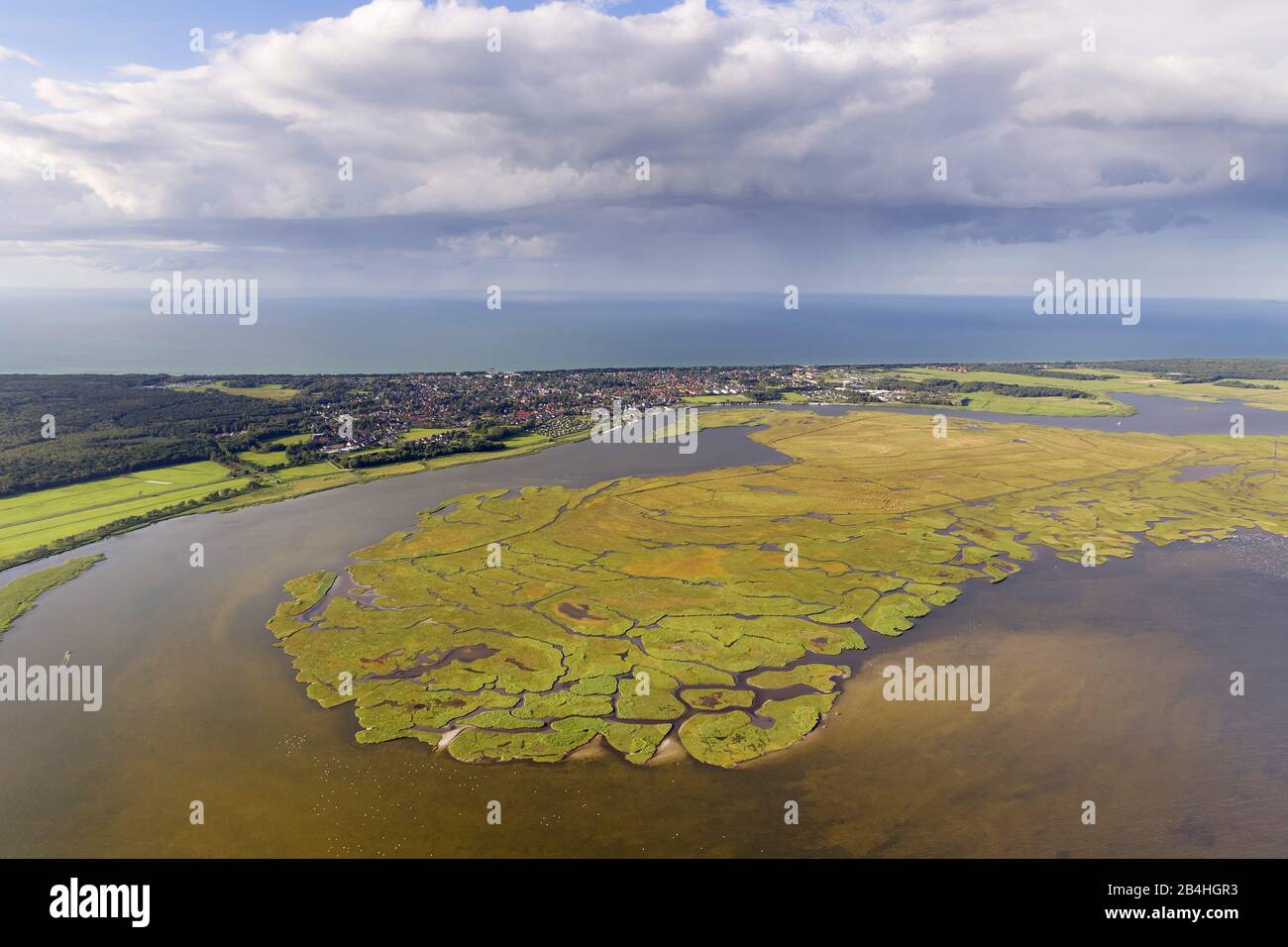 , isola di Zingst a Barth Bodden, Barther Bodden, città di Zingst sullo sfondo, vista aerea, Germania, Meclemburgo-Pomerania occidentale, Parco Nazionale della Laguna di Pomerania occidentale, Zingst Foto Stock