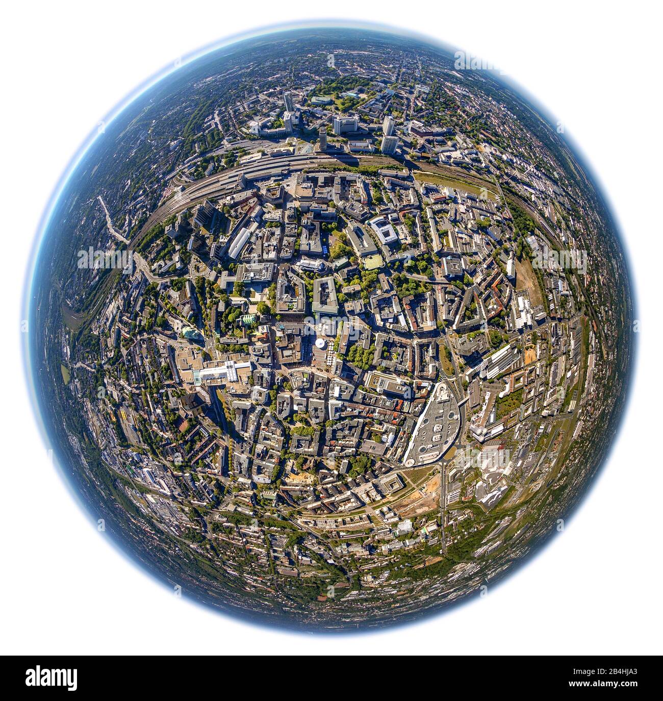 Centro di Essen con cattedrale, philharmony, municipio e stazione principale, 05.09.2013, vista aerea, Germania, Renania Settentrionale-Vestfalia, zona della Ruhr, Ess Foto Stock