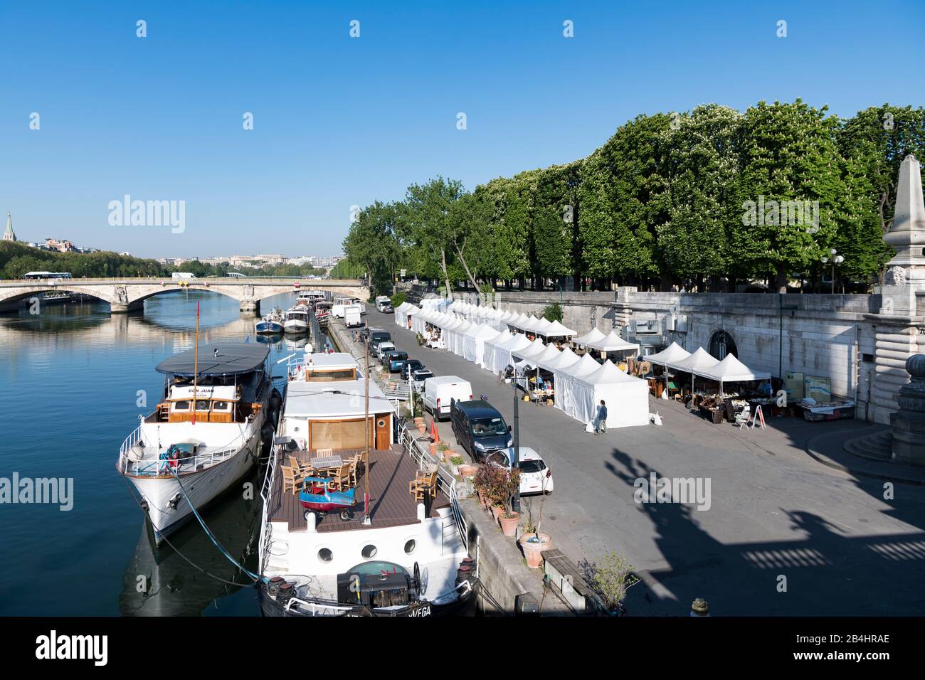 Vista dal ponte Pont Alexandre III alle bancarelle del mercato che si erigano sulle rive della Senna, Parigi, Francia, Europa Foto Stock