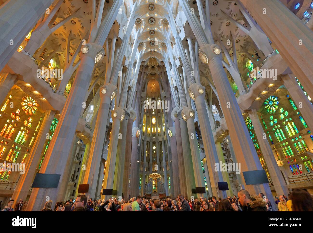 All'interno della cattedrale della Sagrada Familia di Antoni Gaudi a Barcellona, Catalogna, Spagna Foto Stock