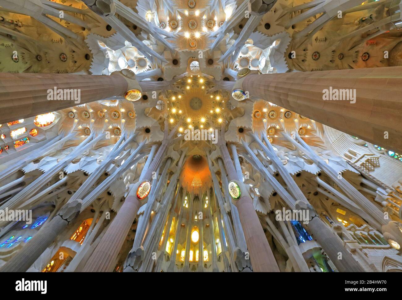Soffitto della chiesa sopra l'incrocio all'interno della cattedrale della Sagrada Familia di Antoni Gaudi a Barcellona, Catalogna, Spagna Foto Stock
