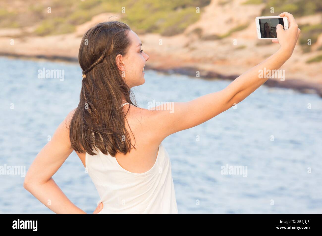 Selfie, pose, mare, adolescenti Foto Stock