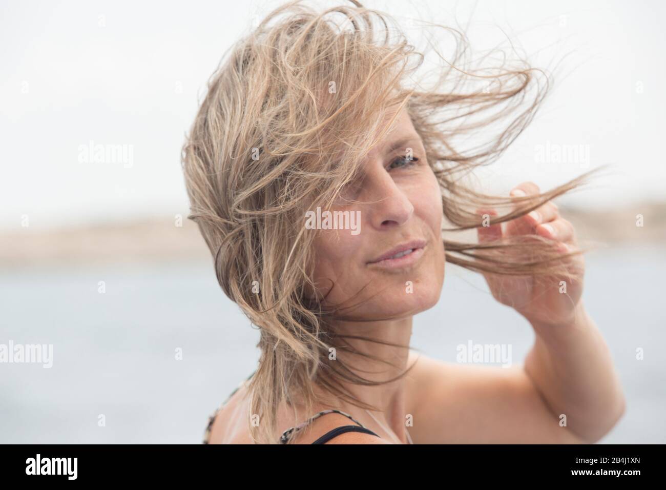 Donna, capelli, vento, ritratto Foto Stock