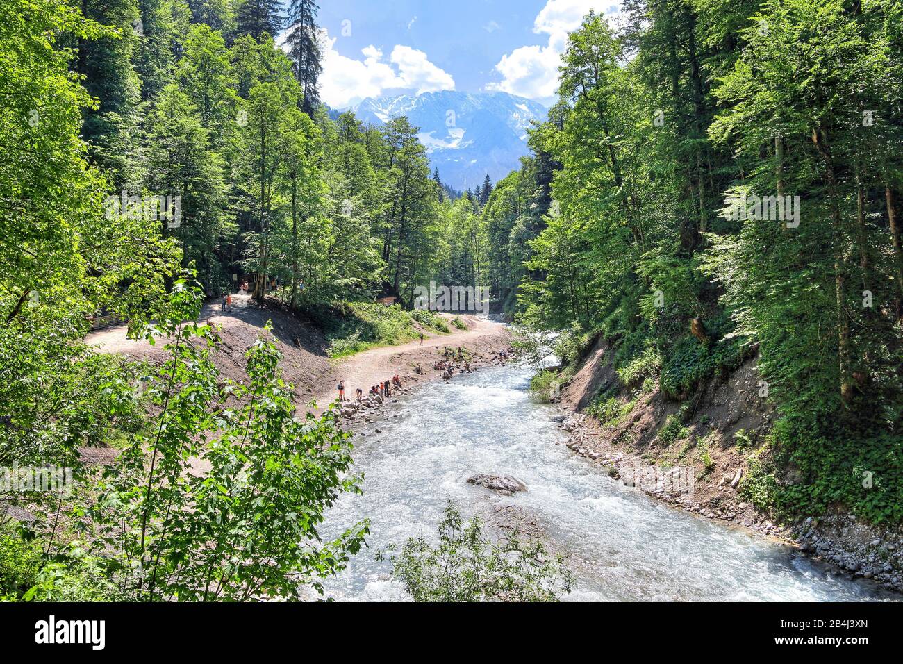 Sentiero Escursionistico Nel Reintal Con Partnach Garmisch-Partenkirchen, Loisachtal, Werdenfelser Land, Zugspitzland, Alta Baviera, Baviera, Germania Foto Stock