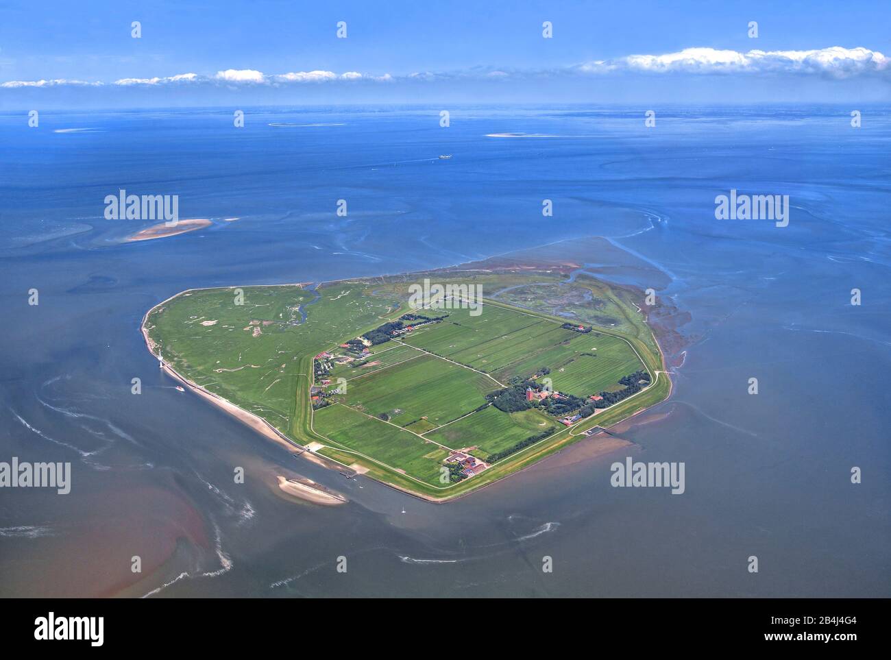 Isola Neuwerk con banchi di sabbia nel Parco Nazionale Hamburgisches Wattenmeer, distretto di Amburgo, Land Hamburg, Mare del Nord, Germania Foto Stock