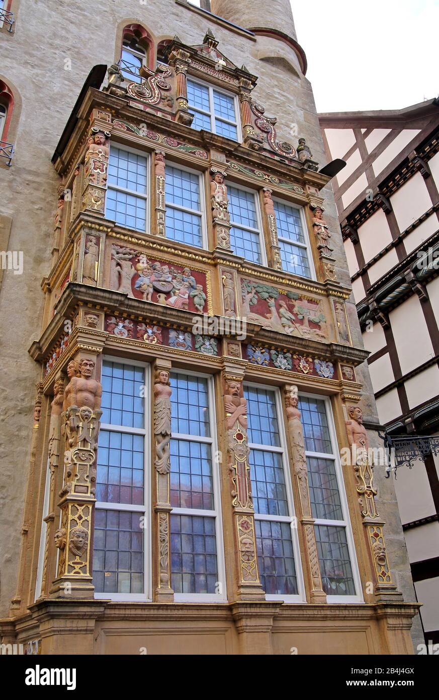 Ornata oriel dalla casa del tempio sulla Marktplatz, Hildesheim, Bassa Sassonia, Germania Foto Stock