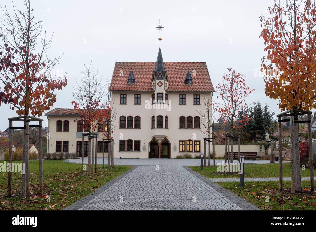 Germania, Turingia, Schmalkalden, Old School, costruito nel 1865, ristrutturato nel 2015, casa a graticcio. Foto Stock