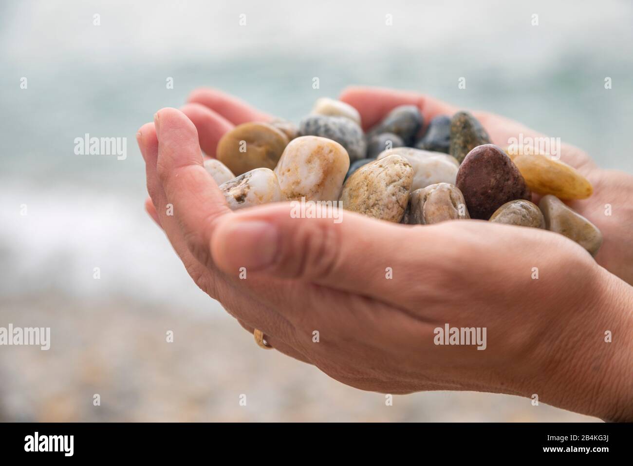 Primo piano di mani di donna che prendono i ciottoli colorati sulla spiaggia di Baska, isola di Krk, Kvarner Bay, Primorje-Gorski Kotar County, Croazia Foto Stock