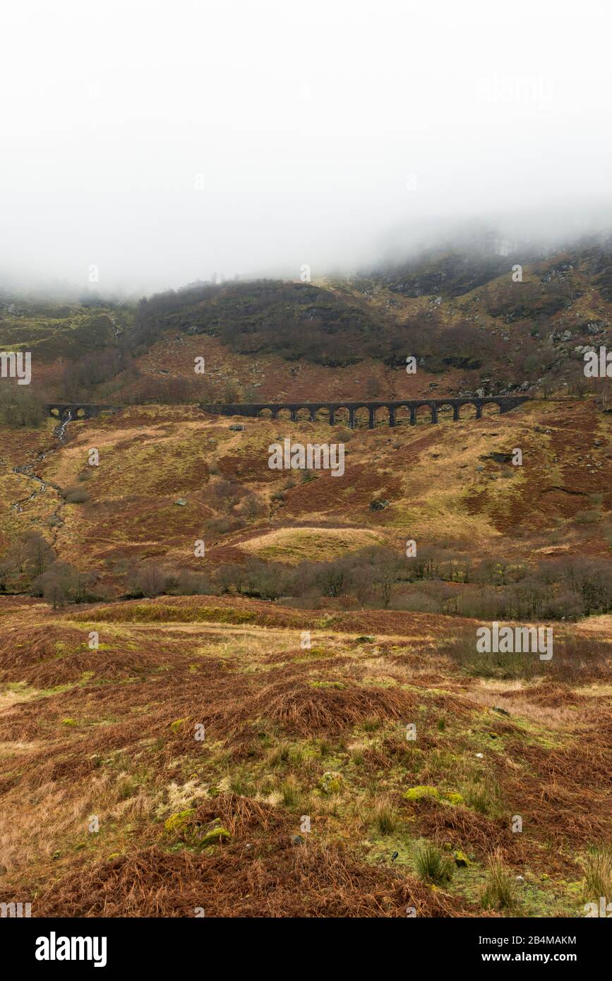 Gran Bretagna, Scozia, Highlands, Monti Grampian, vecchio ponte ferroviario nella nebbia Foto Stock