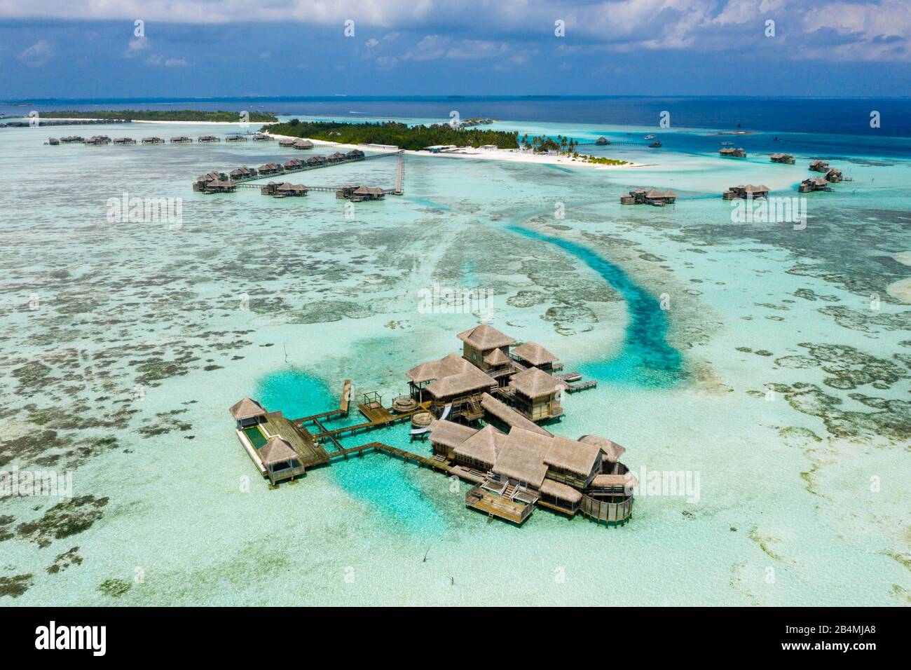 Vista aerea di vacanza isola Lankanfushi, North Male Atoll, Oceano Indiano, Maldive Foto Stock